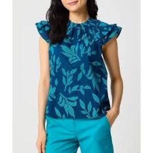 NWT J Crew Blue Flutter Sleeve Leaf-Print Ruffled Sleeve Top Women Medium